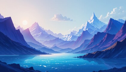 Fototapeta premium Geometric Mountain Landscape Vibrant Blue and Purple Peaks Reflecting in a Serene Lake