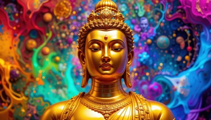 Golden Buddha Statue Vibrant Abstract Art, Spiritual Enlightenment, Peaceful Serenity, Colorful Mandala Background