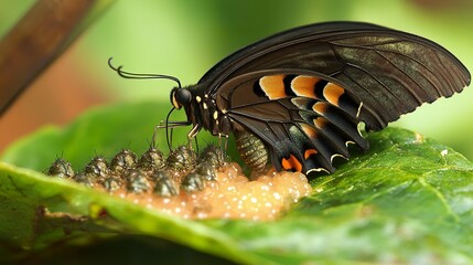 Butterfly laying eggs on leaf, vibrant green background, nature scene, ideal for nature documentaries