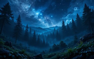 A photo of a dark forest with a full moon shining through the trees