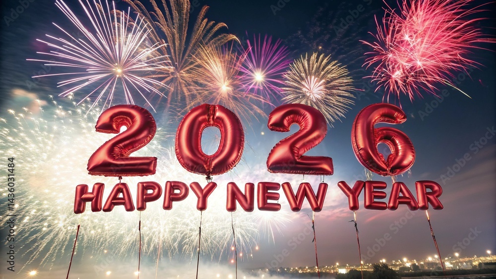 Poster red metallic 2026 balloons with happy new year text and colorful fireworks display