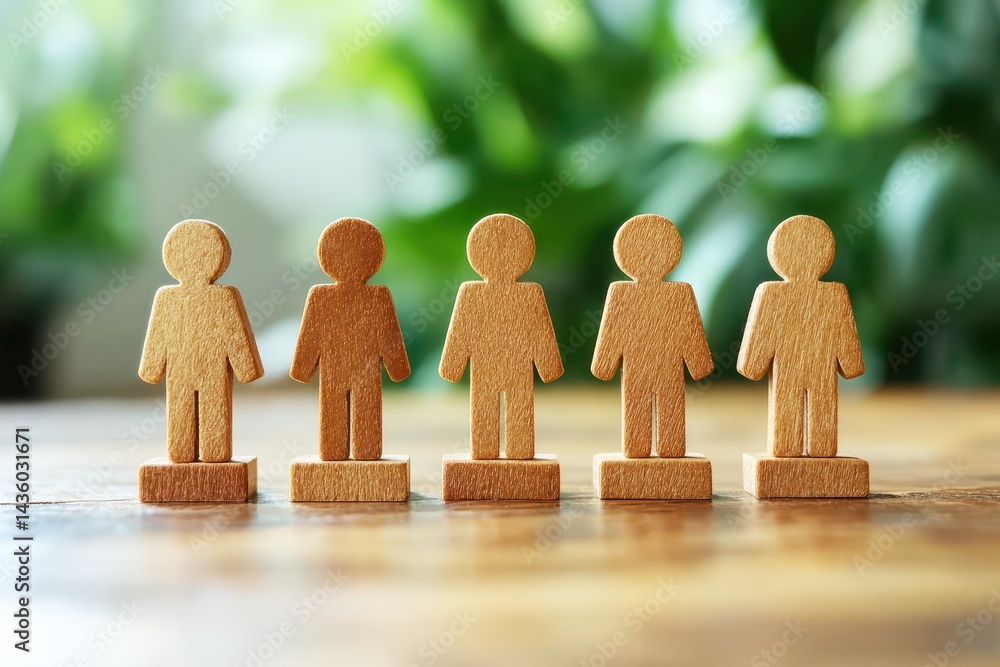 Poster wooden figurines of diverse human figures standing in a row on a wooden surface with a soft green bl