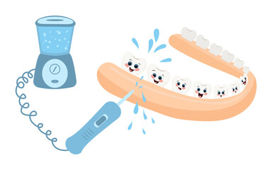 Vector illustration of irrigator cleaning smiling teeth. Dental care concept with happy cartoon teeth and water splashes. Flat style, isolated on white background.
