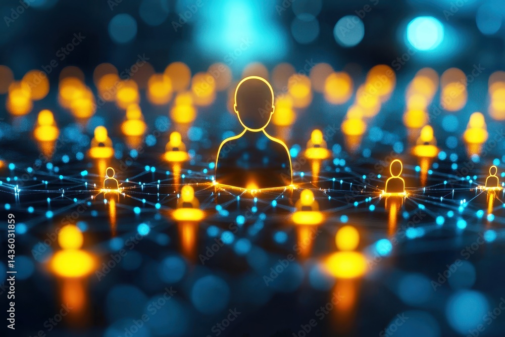 Poster digital network connections among individuals with glowing icons representing social interactions an