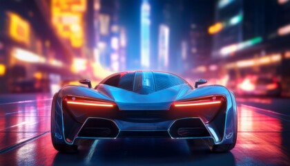 Naklejka premium Futuristic Electric Sports Car Night Cityscape Drive