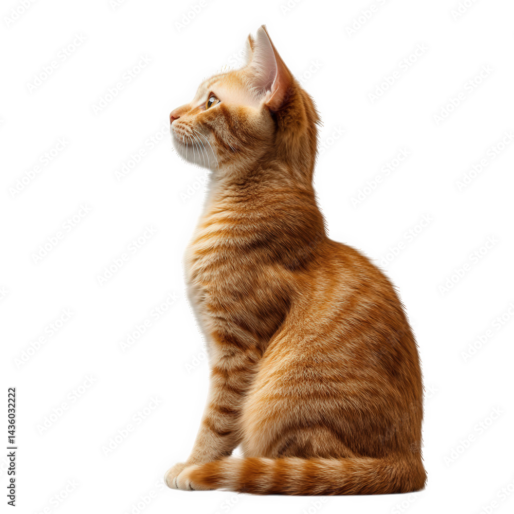 Poster a profile view of a cute orange tabby cat with distinct stripes. sitting gracefully against a plain 