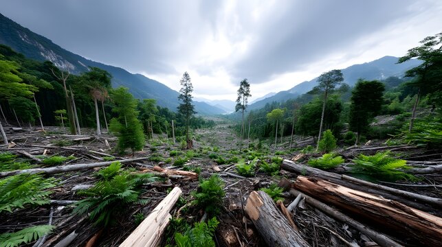 A breathtaking view of a deforested landscape, showcasing the impact of logging on nature