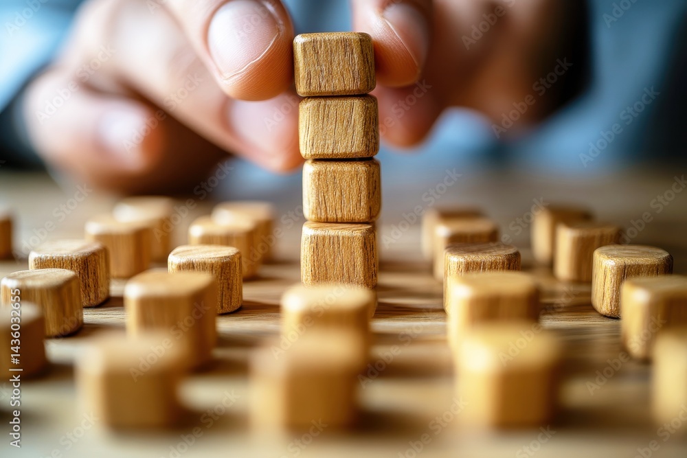 Poster stacking wooden blocks illustrating problem solving and creative thinking in a minimalist workspace 