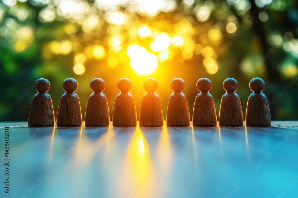 Poster wooden figurines lined up with blurred nature backdrop during sunset, creating a serene and warm atm