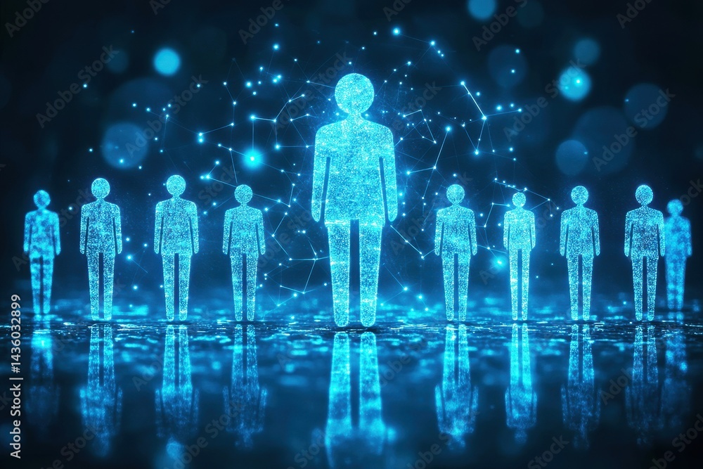 Poster abstract representation of human connections through glowing digital figures and network patterns, s