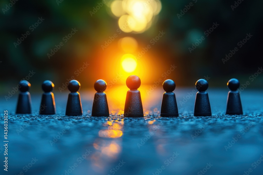 Poster dark figurines on a textured surface facing a brilliant sunset glow in the background, symbolizing u