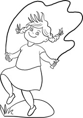 ittle girl with pigtails jumps rope  coloring book