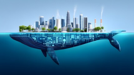 Naklejka premium A surreal illustration of a whale integrated with a futuristic city skyline, symbolizing the harmony between nature and technology in a digital world.