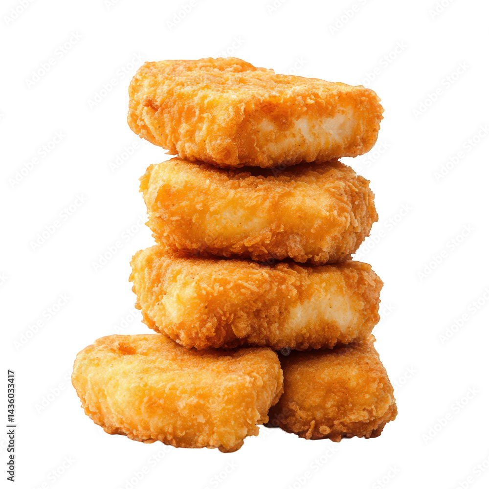 Poster stack of four golden-brown. crispy chicken nuggets. showcasing their crunchy texture and appealing s