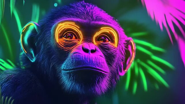 Colorful neon-lit monkey portrait surrounded by vibrant tropical foliage in a lively jungle scene
