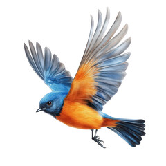 Fototapeta premium vividly colored bird in mid-flight. showcasing its vibrant blue and orange plumage with detailed feather textures the bird's wings are spread wide. emphasizing its graceful movement and beauty in natu