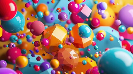 A vibrant array of colorful spheres cubes and multifaceted shapes floating in a dynamic composition