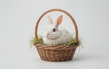 A cute white bunny sitting in a wicker basket against a white background
