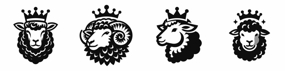Sheep head with crown. Silhouette logo animal mascot. Ram portrait diadem heraldic emblem horned headwear regal symbol.