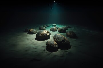 Cluster of metallic nodules illuminated underwater - polymetallic nodules