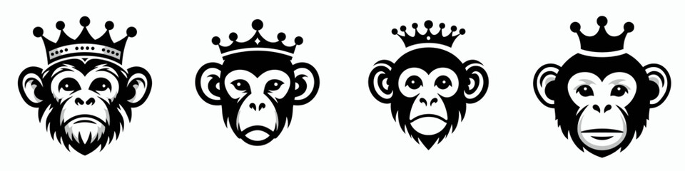 Obraz premium Monkey head with crown. Silhouette logo animal mascot. Simian cranium diadem primate adorned regal ape face art.