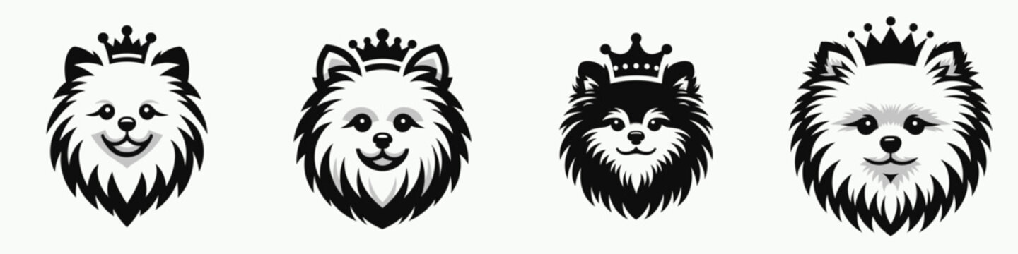 Pomeranian Dog head with crown. Silhouette logo animal mascot. Canine face coronet regal spitz cranium royal domestic pet adornment.