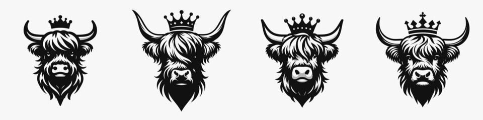 Obraz premium Highland Cow head with crown. Silhouette logo animal mascot. Regal bovine face diadem scottish cattle portrait rustic farm decor.