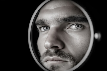 Intense gaze of a man reflected in a mirror at close range