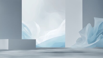Elegant Minimal Architectural Abstract Stage Scene with Blue Fabric Drapes for Creative Business Presentation and Display