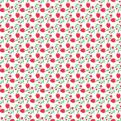 Fototapeta premium Seamless Red Tulip Pattern With Green Leaves on White Background