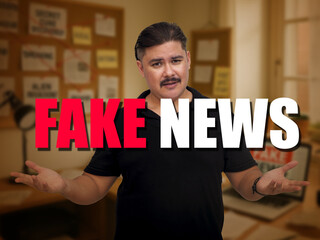 A male vlogger gestures while standing in a home office with FAKE NEWS text overlay, symbolizing misinformation, media skepticism, and conspiracy theories.