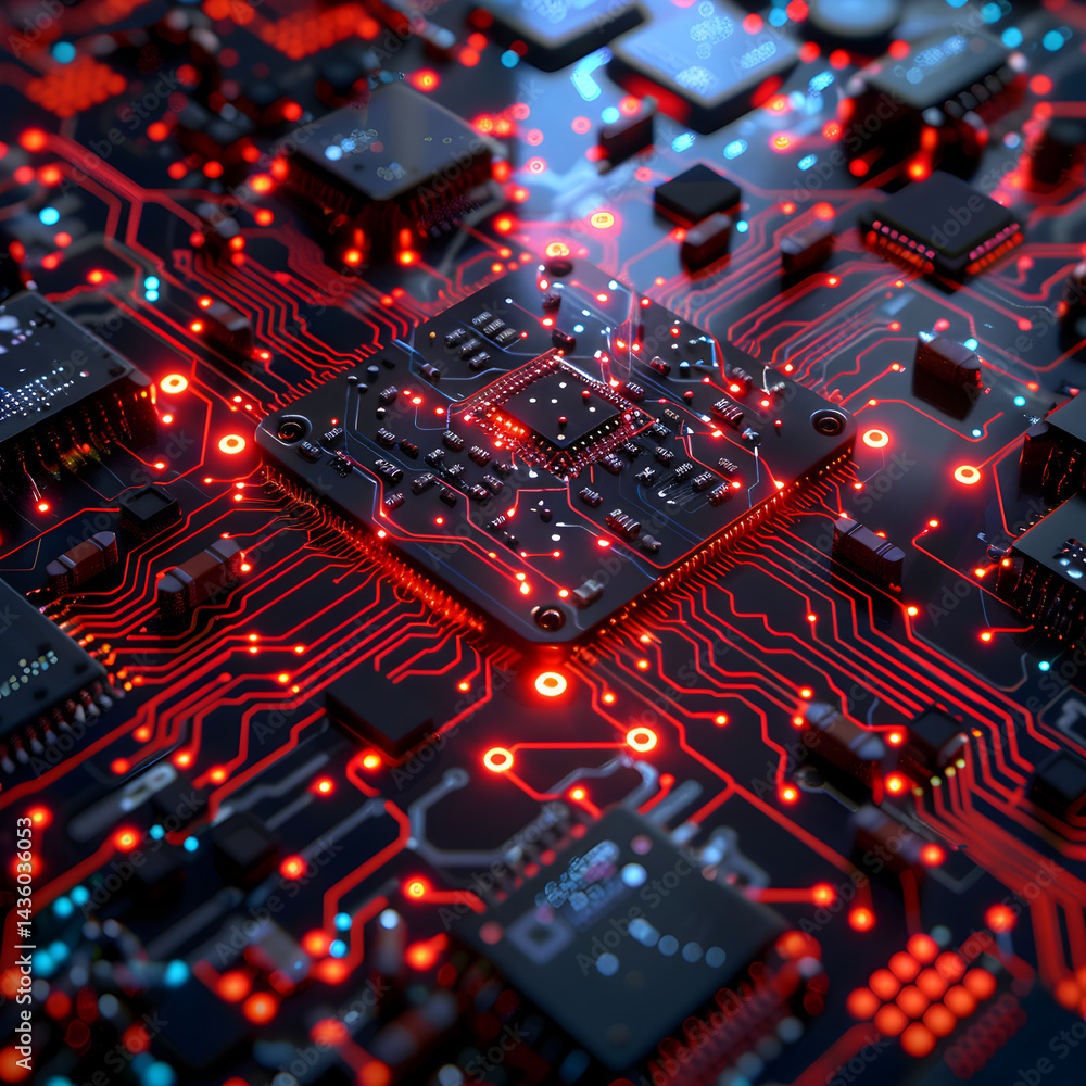 Aufkleber intricate macro of a circuit board with glowing red components