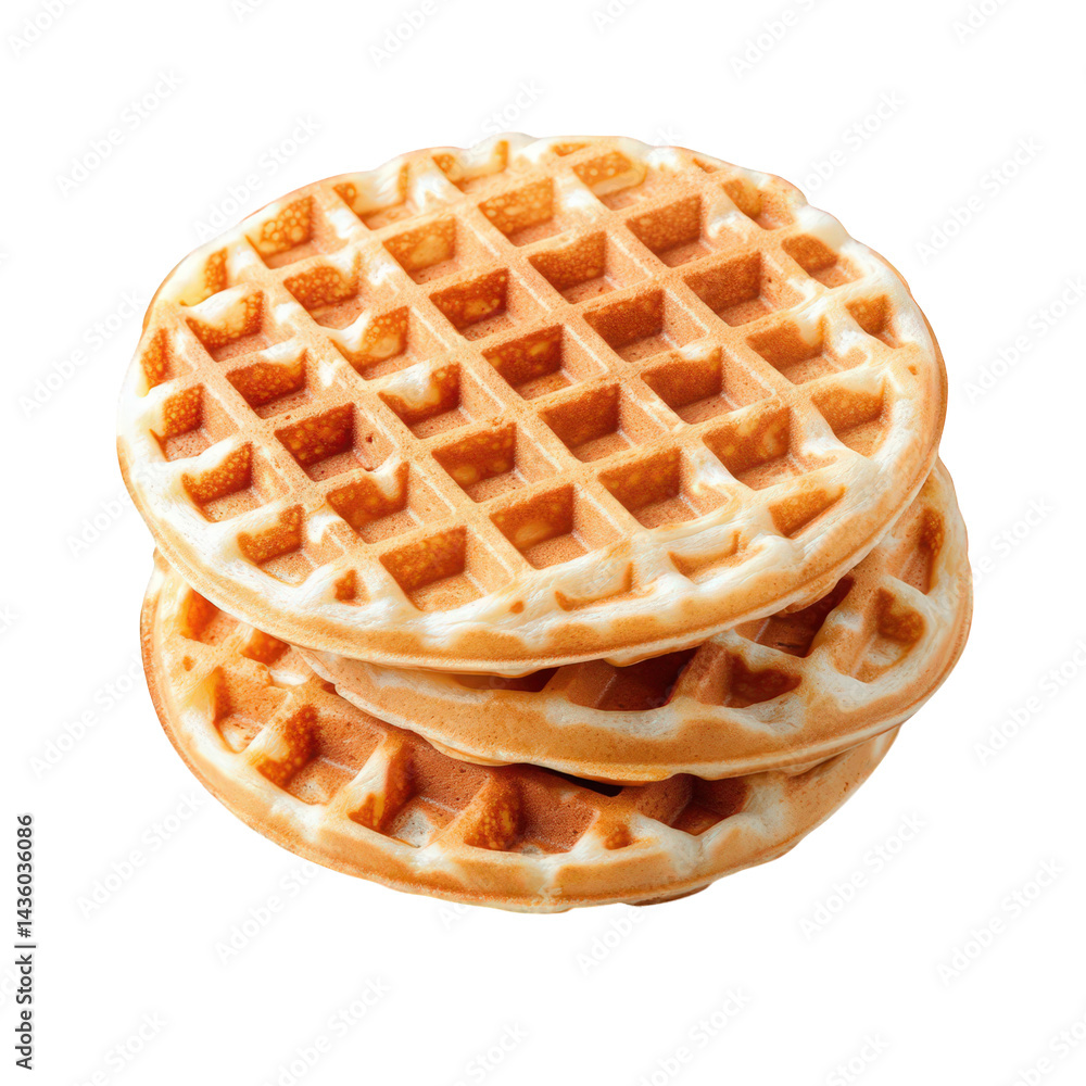 Poster stack of three golden-brown waffles. showcasing their crispy texture and characteristic grid pattern