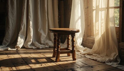 Sunlit Rustic Wooden Stool Awe-Inspiring Warmth and Vintage Charm in a Cozy Interior