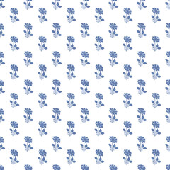 Seamless Pattern With Blue Floral Motifs on White Background