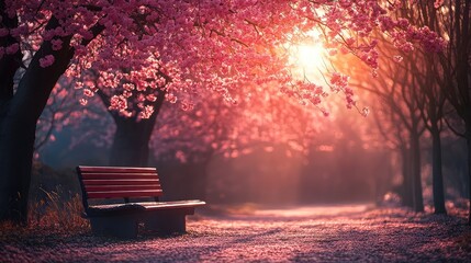 A wooden bench under a blooming sakura tree in a park, with sunlight filtering through the pink blossoms