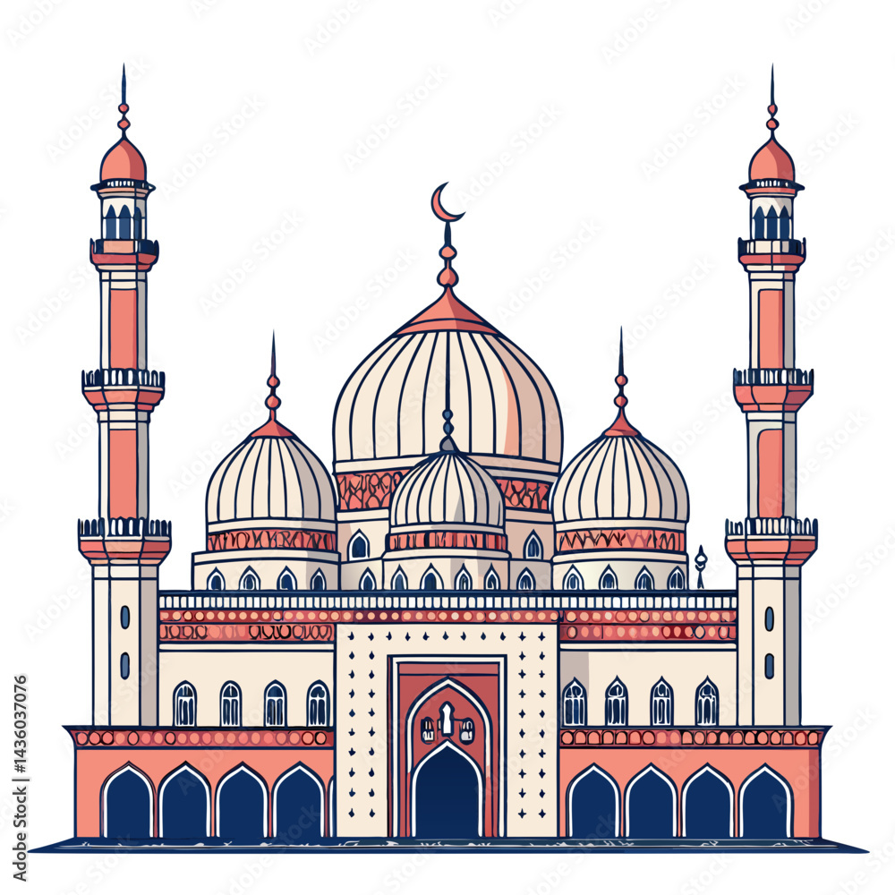 Poster create a bold vector illustration of a decorated mosque, emphasizing strong outlines and sharp detai