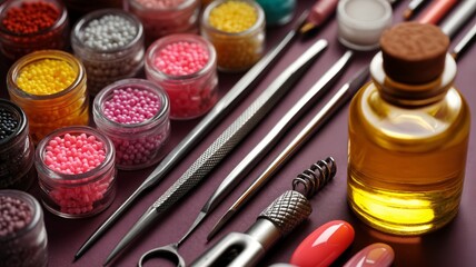 Naklejka premium Primer plano de cuentas, herramientas y líquido en frasco sobre una superficie morada.