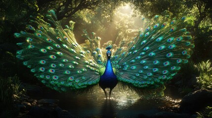 Obraz premium A beautiful peacock proudly spreading its tail in a natural setting, feathers gleaming with rich, iridescent shades of blue and green