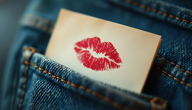 Celebration of love on international kissing day with a lipstick mark on paper in denim pocket. - Powered by Adobe