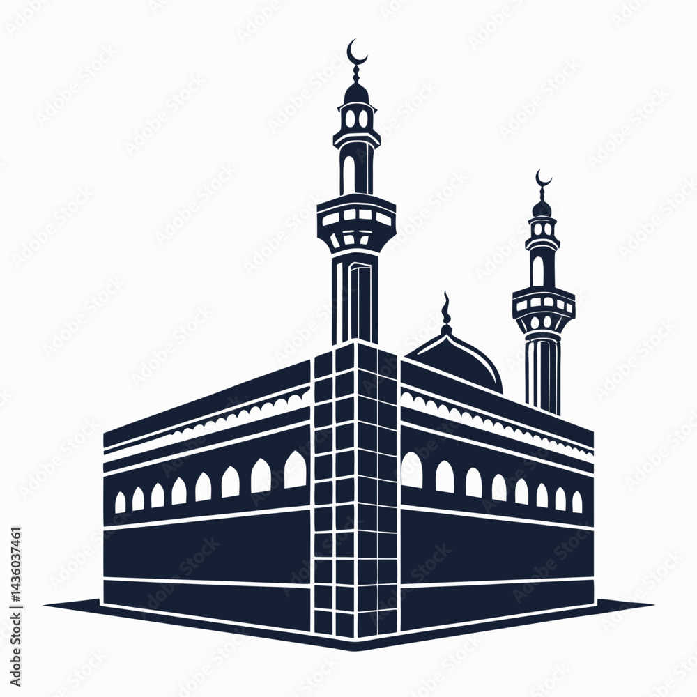 Poster create a bold, black vector silhouette of the kaaba, emphasizing strong, defined lines and a solid f