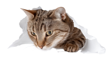 Curious cat peeking through torn paper on transparent background