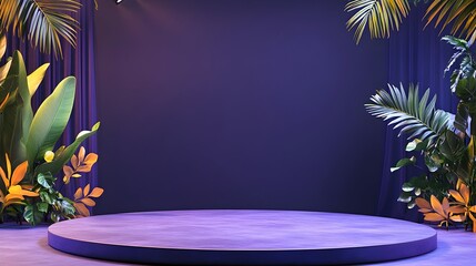 Circular stage, purple backdrop, tropical leaves, moody lighting