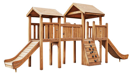 Wooden playground structure with slides and climbing wall isolated on transparent background