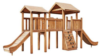 Wooden playground structure with slides and climbing wall isolated on transparent background