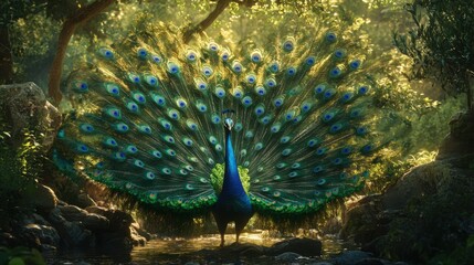 Obraz premium A beautiful peacock proudly spreading its tail in a natural setting, feathers gleaming with rich, iridescent shades of blue and green