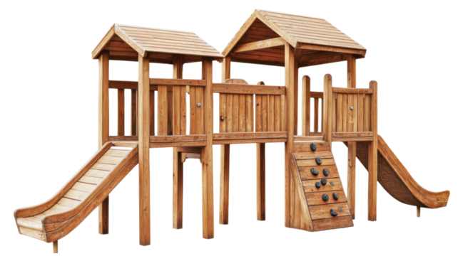 Wooden playground structure with slides and climbing wall isolated on transparent background