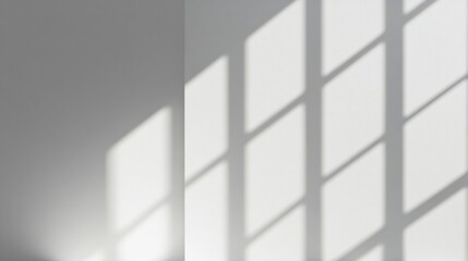 Fototapeta premium Soft sunlight filtering through a grid of window panes, creating contrasting shadows on a minimalist wall, calm ambiance.