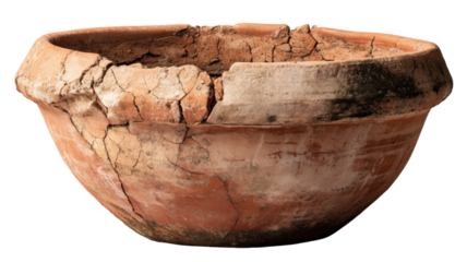 Ancient clay pot showing signs of aging and cracking on transparent background