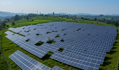 A large solar panel farm installed on tropical hills under clear blue sky, showcasing clean energy and sustainable technology in a natural green environment.